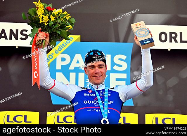 Dutch Fabio Jakobsen of Quick-Step Alpha Vinyl celebrates on the podium after winning the second stage of 80th edition of the Paris-Nice eight day cycling stage...
