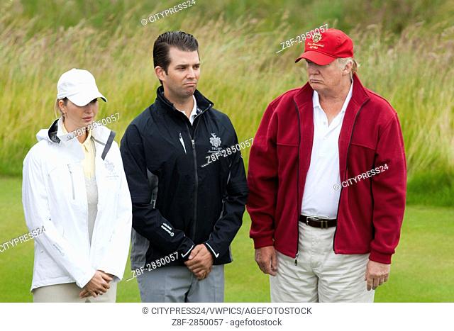Ivanka Trump, Donald Trump Junior and Donald Trump. Opening of Trump International Golf Links. Official opening of Donald Trump's golf course at the Menie...