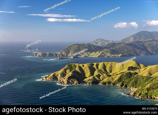 View of meadows and rocky coast at French Pass, Marlborough region, Marlborough Sounds, Picton, South Island, New Zealand, Oceania