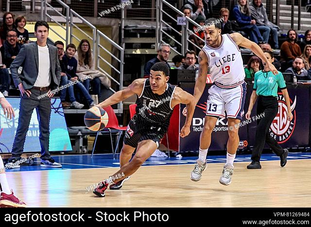 Kortrijk's Sean Pouedet and Liege's Angel Rodriguez fight for the ball during a basketball match between RSW Liege Basket and House of Talents Spurs Kortrijk