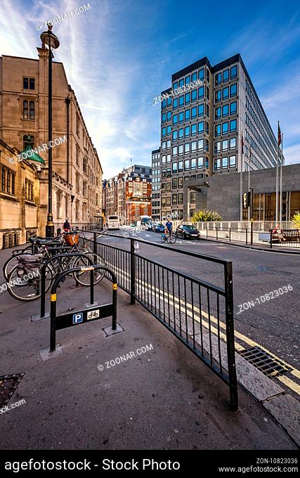 LONDON - OCTOBER 5, 2014: Typical sidewalk with Rental Bicycles Parking in London. Cycle hire scheme founded by Boris Johnson mayor of London and Barclays in...