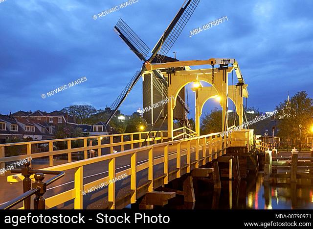 Rembrandt Bridge at Galgewater with Molen de Put in Leiden, South Holland, Netherlands