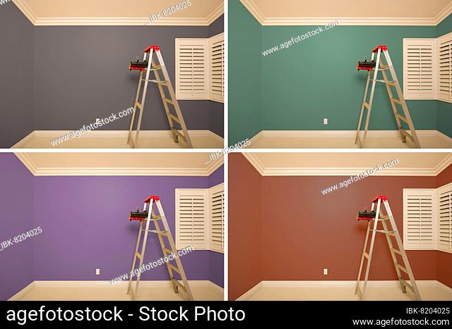 Set of empty rooms painted in variety of colors with ladder, rollers and tray