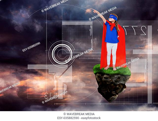 Young Girl superhero on floating rock platform in sky with interface