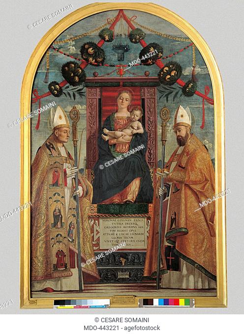 Madonna Enthroned with Child and Saints Zeno and Nicholas, by Francesco Morone, about, 16th Century, cm 192 x 125. Italy, Lombardy, Milan, Brera art gallery