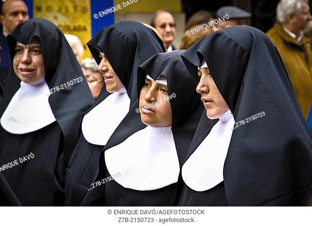 View of a nuns in a street of Madrid city, Spain