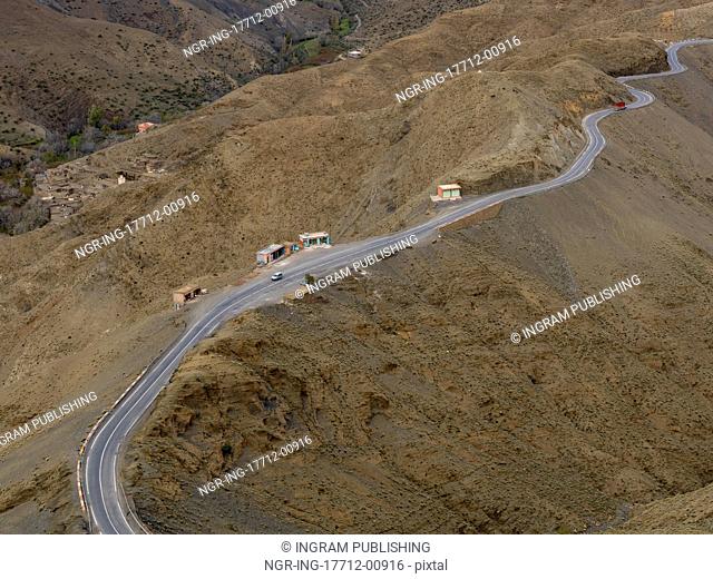 High angle view of winding road on mountain pass, Tizi n&rsquo;Tichka, Atlas Mountains, Morocco