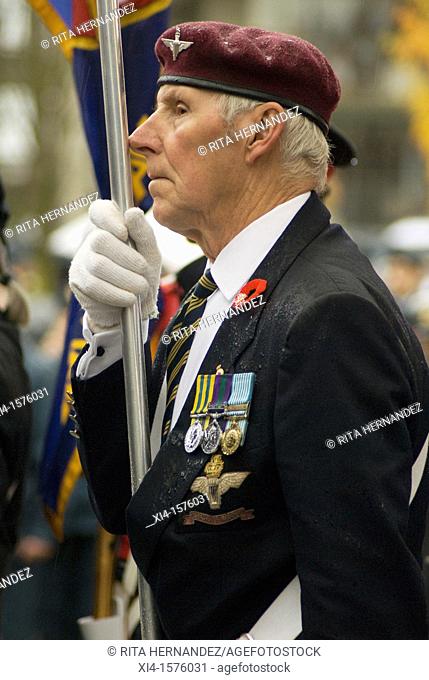 close-up of Standard Bearer  A Canadian War Veteran during the Remembrance Day Ceremony of North Vancouver BC  November 11, 2011