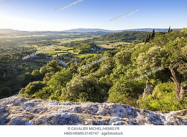 France, Vaucluse, regional natural reserve of Lubéron, Gordes, certified the Most beautiful Villages of France, agricultural plain at the foot of the village