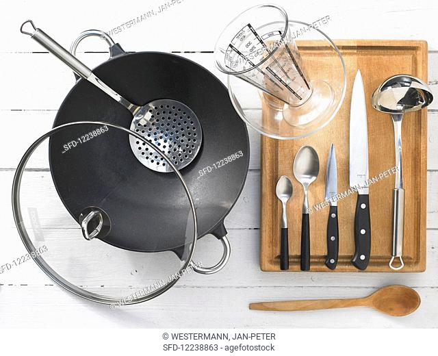Kitchen utensils for making braised baby bok choy with tofu and shiitake mushrooms