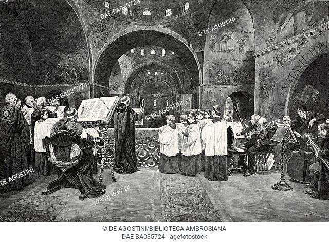 A children's choir, painting by Jose Gallegos y Arnosa (1859-1917), woodcut by Richard Bong (1853-1935) from Moderne Kunst (Modern Art)