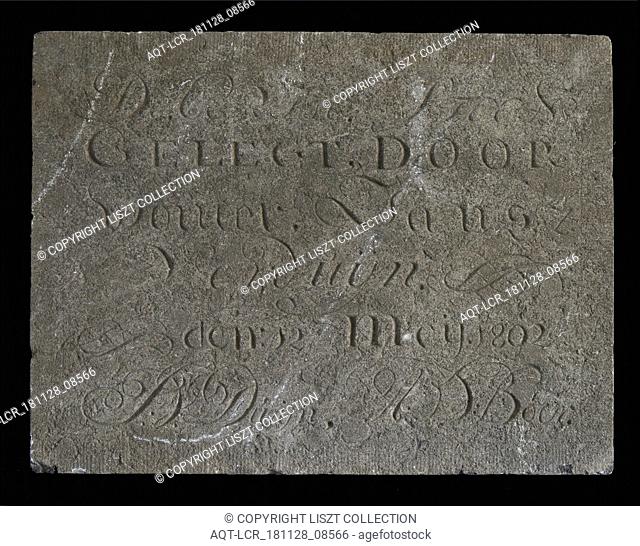 Stone with text ... First stone ... Verduyn ... 1802, facing brick first-stone building part stone, chopped Rectangular flat letters in bas-relief