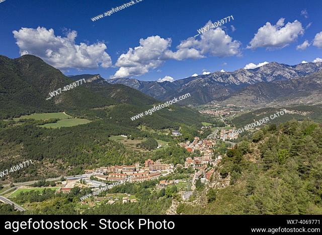 Aerial view of the town of Guardiola de Berguedá . In the background, Baga  and the Moixeró mountain range (Berguedá , Barcelona, Catalonia, Spain, Pyrenees)