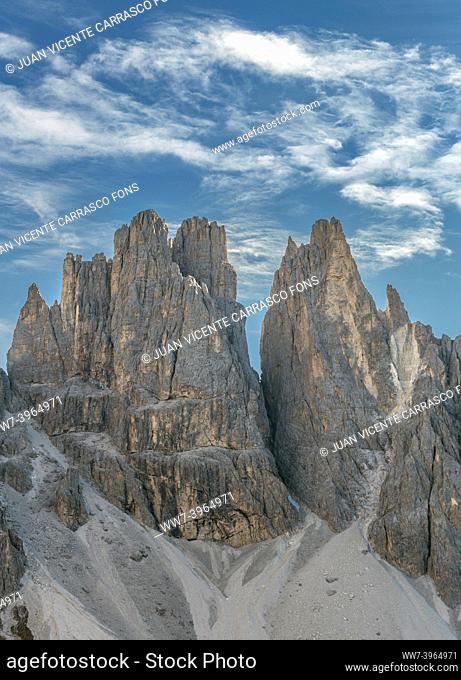 Vajolet tower at Sciliar Catinaccio natural park, South Tyrol, Dolomites, italian alps