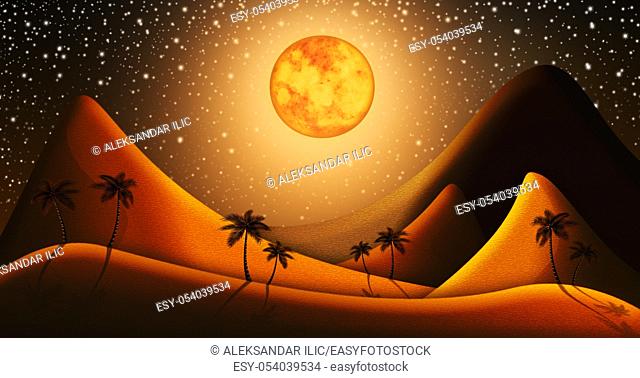 Christmas Nativity Scene Of Judaean Desert in the Night With Starry, Glowing Sky Illustration