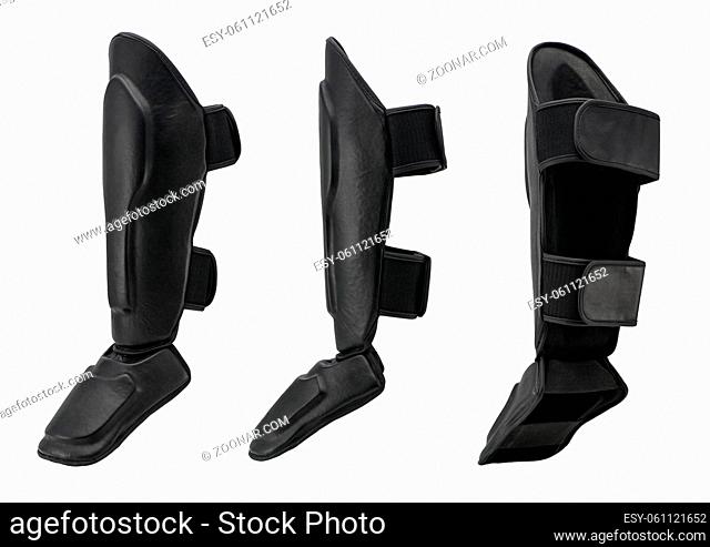 leg and knee protection in karate and kickboxing, on white background. sportswear