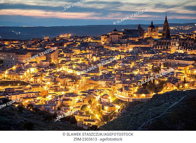 Panorama of Toledo old town at nightfall, Castilla-La Mancha, Spain
