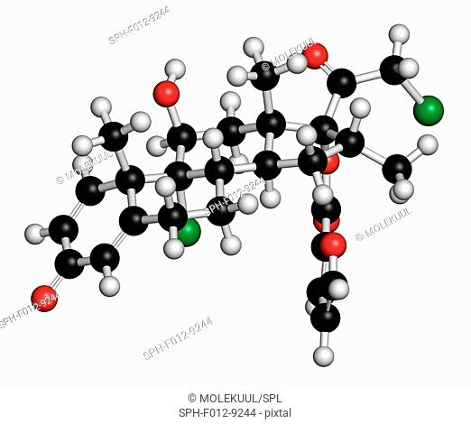 Mometasone furoate steroid drug molecule. Prodrug of mometasone. Atoms are represented as spheres and are colour coded: hydrogen (white), carbon (black)