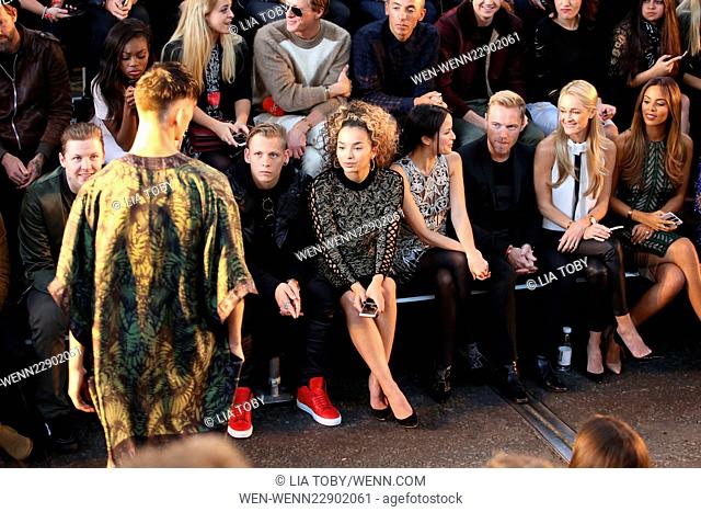 London Fashion Week Spring/Summer 2016 - Julien Macdonald - Front Row Featuring: Professor Green, Ella Eyre, Lewi Morgan, Ronan Keating, Storm Uechtritz