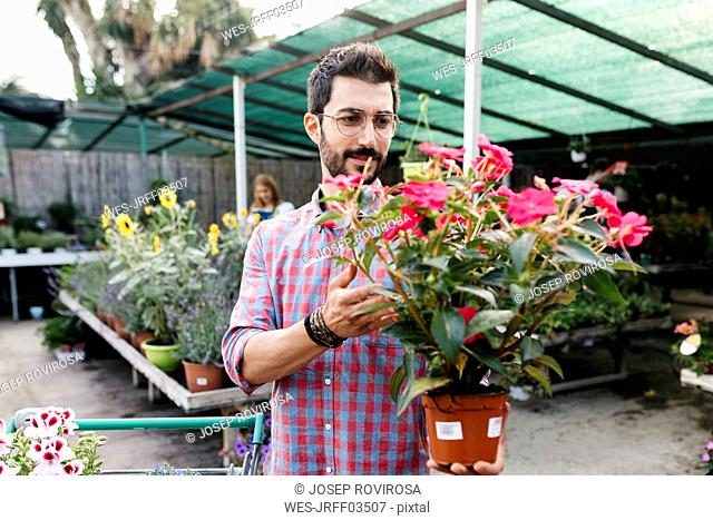 Customer of a garden center choosing a flower