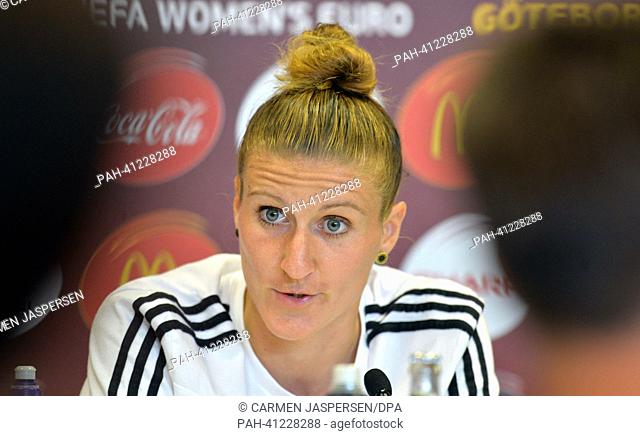 Germany's Anja Mittag takes part in press confernce held by the German women's national soccer team as part of the UEFA Women's Euro at Gamla Ullevi Stadium in...