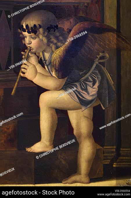 Italy, Unesco World Heritage Site, Venice, San Polo district, Basilica Santa Maria Gloriosa dei Frari, Angel playing flute under the throne of the Madonna and...