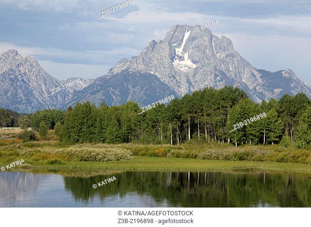 View of Mount Moran in the distance across Snake RIver, Grand Teton National Park, Wyoming, USA