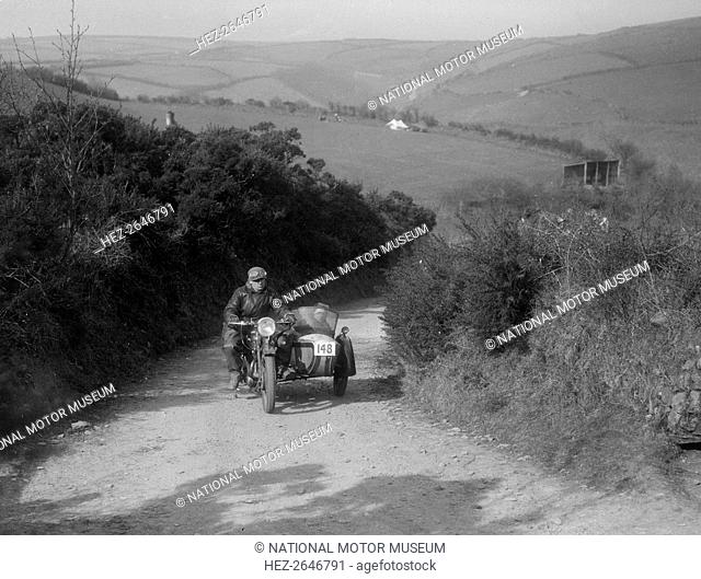 497 cc Ariel and sidecar of R Newman at the MCC Lands End Trial, Beggars Roost, Devon, 1936. Artist: Bill Brunell
