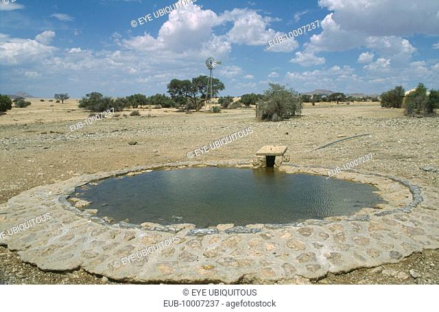 Animal waterhole with wind pump in the distance