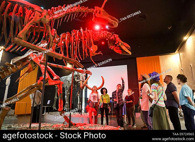 RUSSIA, PERM - JUNE 10, 2023: La gente es vista por réplicas de un esqueleto Tsintaosaurus y un esqueleto de Tarbosaurus en el Museo de la Prehistoria Perm