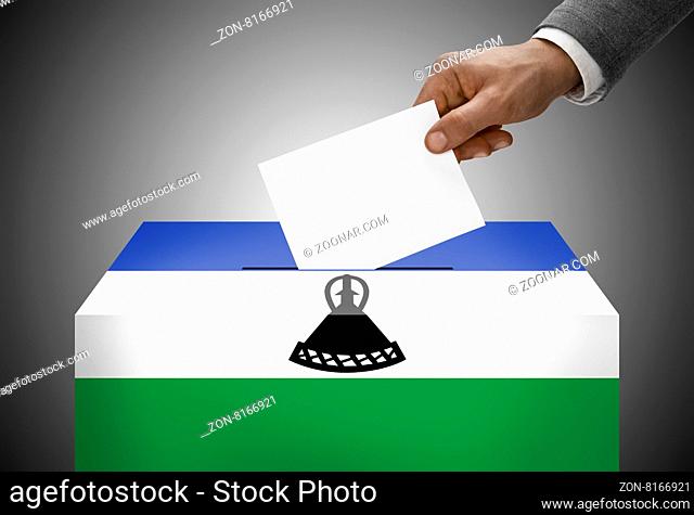 Ballot box painted into national flag colors - Lesotho