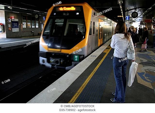 Metro arriving at platform, Town Hall Station, Sydney, Australia