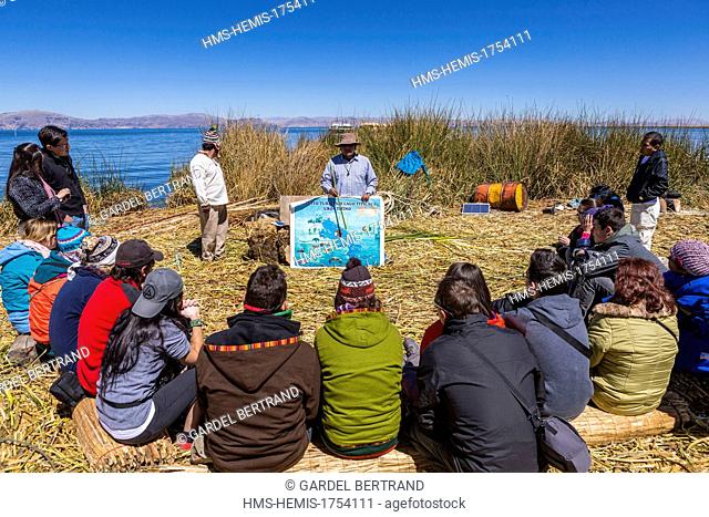 Peru, Puno Province, Lake Titicaca, the descendants of Uros Indians live on floating reed islands and live mainly from tourism