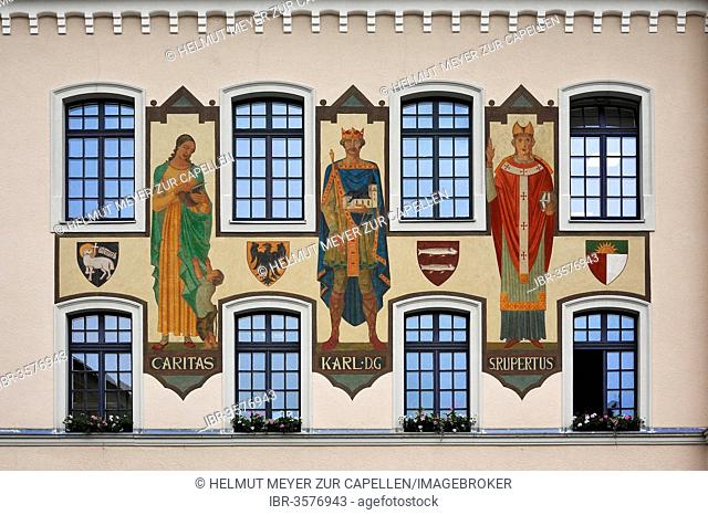 Three large frescoes by Josef Hengge, 1924, the Holy Charity, Charlemagne and St Rupert, left façade of the Old Town Hall, built in 1849, Bad Reichenhall