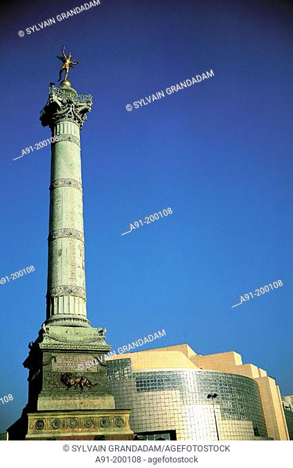 Bastille Opera and Column of July. Bastille Square. Paris. France