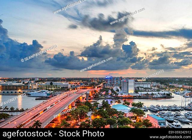 Fort Lauderdale, Florida, USA skyline drawbridge at dusk