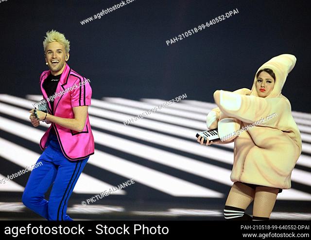 17 May 2021, Netherlands, Rotterdam: Singer and musical performer Jendrik performs during the second dress rehearsal of the first semi-final of the Eurovision...