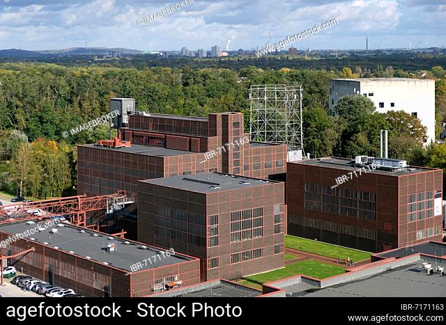 View from the roof terrace of the visitor centre onto the grounds of the Zollverein Coal Mine Industrial Complex with the winding tower