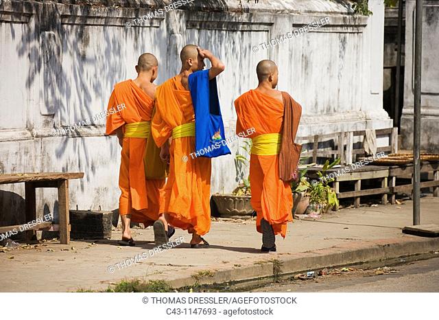 Laos - Buddhist novices in the main road of Luang Prabang which in 1995 was declared UNESCO World Heritage Site in recognition of its elaborately decorated...