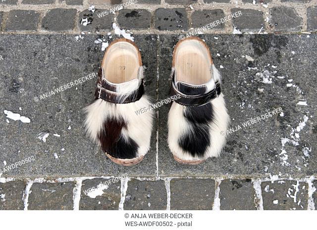 Pair of wooden shoes with cowskin on pavement
