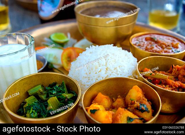 Traditional Nepalese thali in a restaurant