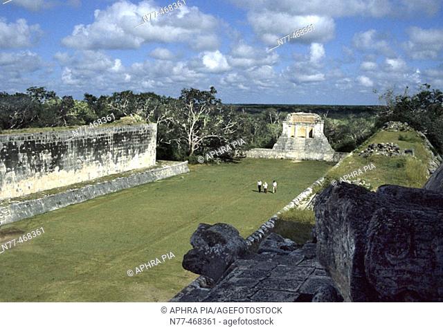 Ball court - Temple of the Bearded Man. This ball court is the largest one known of the Mayans where men played a game called pok ta pok
