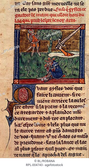 Gifflet returns Excalibur to the lake at the dying Arthur's command, a hand rises from the water to receive the sword. Image taken from La Mort le Roi Artus