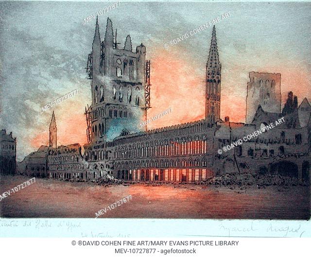 Ypres, Cloth Hall on fire. . Marcel Augis (Pseudonym Of H. Dupont). There Were A Number Of First World War French And Belgian Artists, Including Marcel Augis