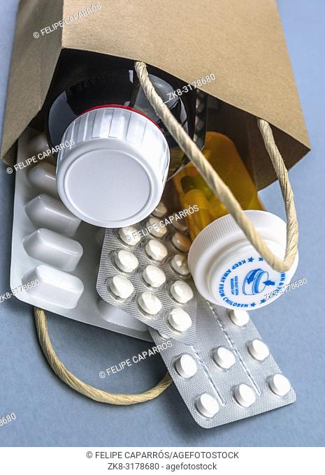 Bag with some medicines, consumer concept