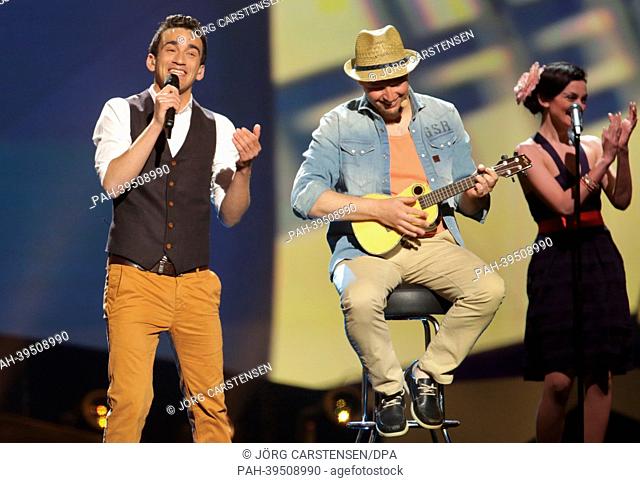 Singer Gianluca Bezzina (L) representing Malta performing during the dress rehearsal of the 2nd Semi Final for the Eurovision Song Contest 2013 in Malmo, Sweden