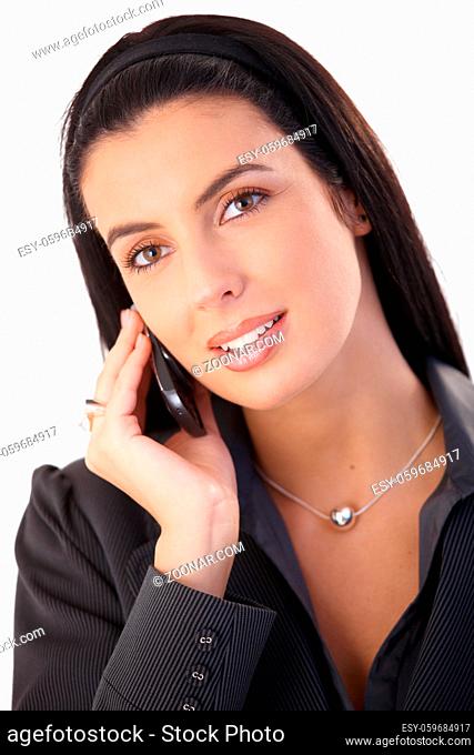 Closeup portrait of attractive businesswoman on mobile phone call, smiling