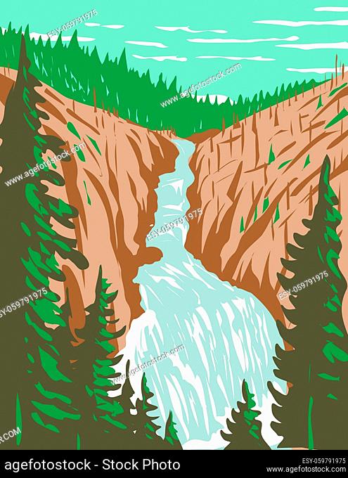 WPA poster art of Kepler Cascades, a waterfall on the Firehole River in southwestern Yellowstone National Park, Wyoming USA done in works project administration...