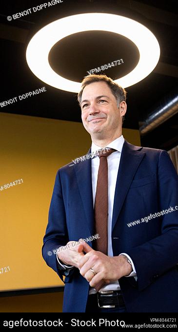 Prime Minister Alexander De Croo answers questions during a press conference after a visit to the Exothera viral vectors manufacturer