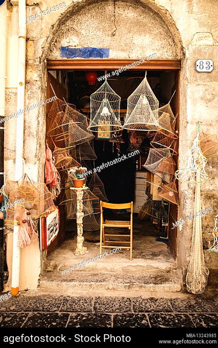 Shop, fish traps, display, Cefalu, Sicily, Italy
